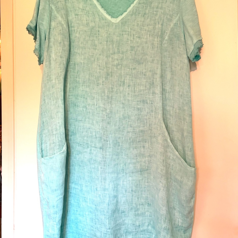 Green Frayed Sleeve Relaxed Fit Dress